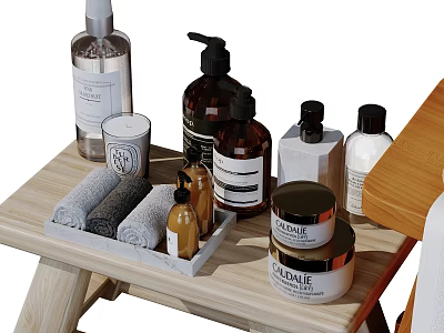 Elegant Bathroom Accessories with Bottles Towels Jars on Wooden Tray Table 3d model