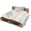 Rustic Wooden Pallet Double Bed with Plaid Bedspread and Patterned Pillows Natural Cozy 3d model