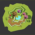 Green Grassy Island With Pink Roofed Towers Red Mushroom Flag Slides Pool And Yellow Stars