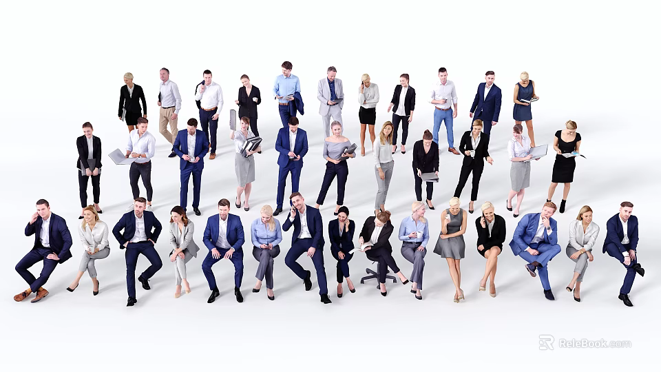Group of Business Professionals in Formal Attire Standing and Sitting on White Background 3d model 
