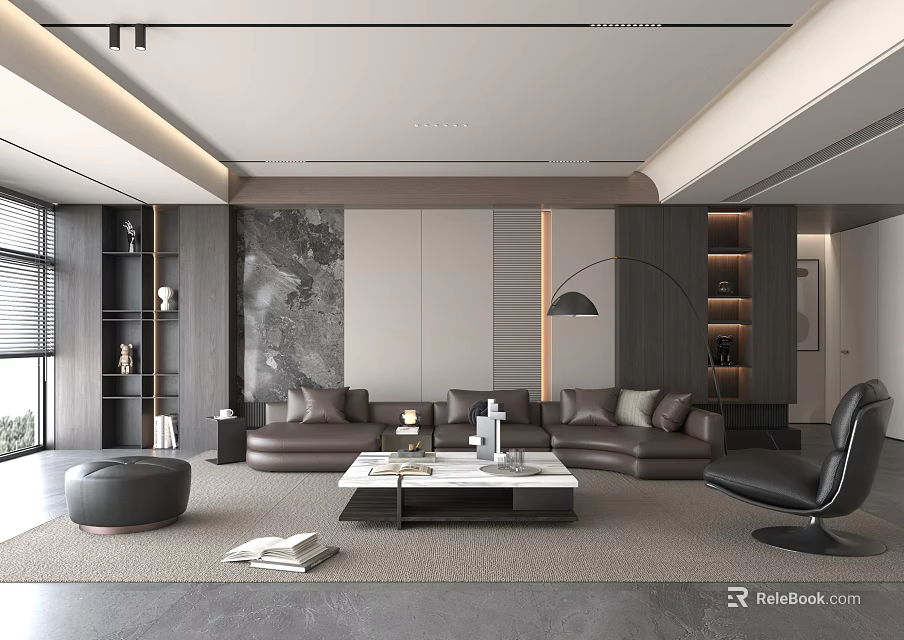 Modern Living Room Interior Design With Brown Sofas Coffee Table Bookshelves Rug And Floor Lamp 3d model 