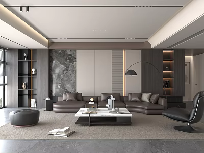 Modern Living Room Interior Design With Brown Sofas Coffee Table Bookshelves Rug And Floor Lamp 3d model