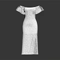 Detailed White Dress Sculpture Carving With Off Shoulder Ruffled Collar Slit And Patterned Design