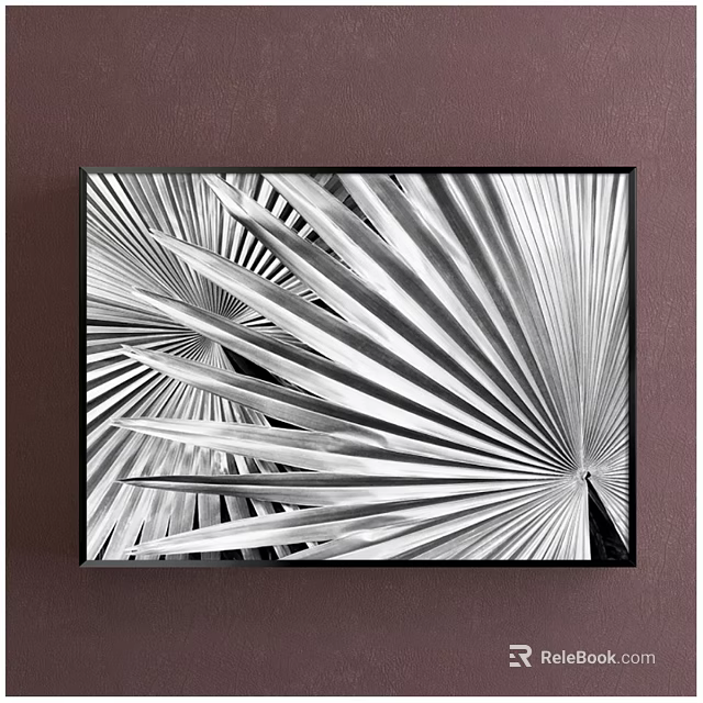 Black and White Palm Leaf Plant Painting Featuring Radiating Foliage In Black Frame 3d model 