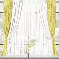 Yellow And White Sheer Curtains With Double Layer Design And Indoor Plant Window Decor