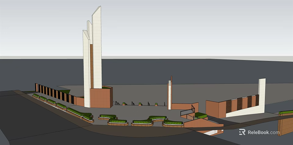 Modern Entrance Gate Design With Tall White Columns And Green Landscaping 3d model 