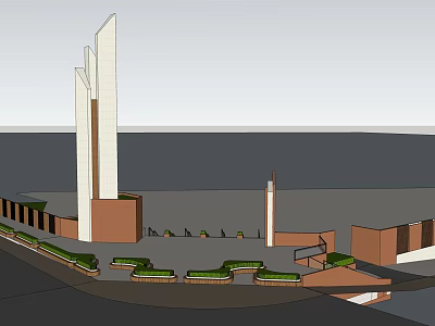 Modern Entrance Gate Design With Tall White Columns And Green Landscaping 3d model