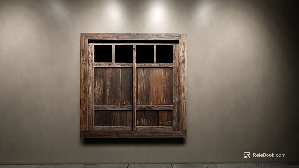 Wooden Frame Casement Window On Gray Wall With Natural Wood Color Interior 3d model 