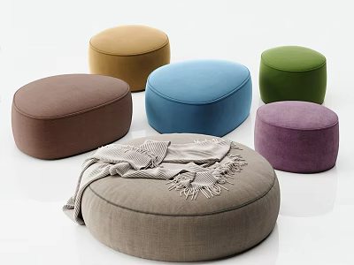 Round Multicolored Padded Poufs with Cozy Blanket for Living Room Home Decor 3d model