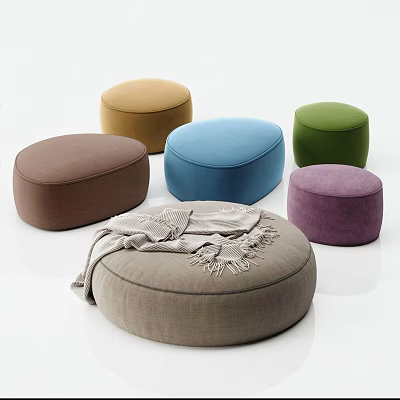Round Multicolored Padded Poufs with Cozy Blanket for Living Room Home Decor 3d model