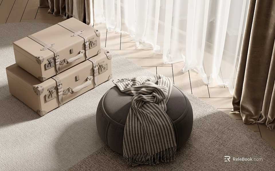 Gray Footstool with Striped Scarf and Luggage Cases on Wooden Floor 3d model 