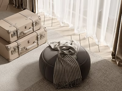 Gray Footstool with Striped Scarf and Luggage Cases on Wooden Floor 3d model
