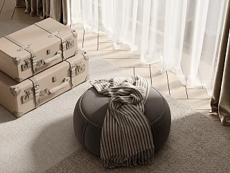 Modern Bed End Stool Bed End Stool Trunk Carpet Wood Floor Curtain Gauze Curtain 3d model