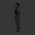 Game Character in Dark Outfit with Cap Mask Belt Gloves Standing Pose