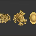Golden Carved Sculptures in Various Shapes Including Ingot Container Granules and Sticks on Dark Background