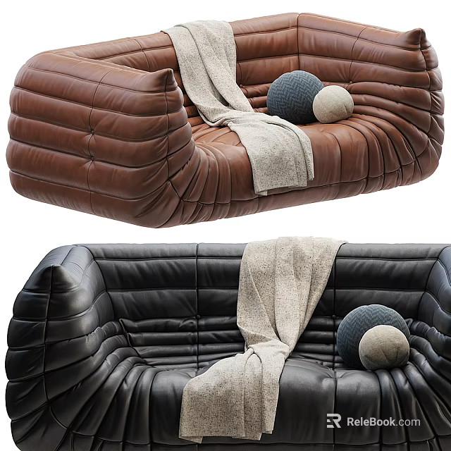 Brown and Black Leather Double Sofa with Quilted Design Light Blanket and Round Cushions 3d model 