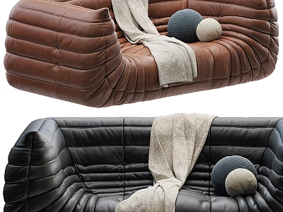 Brown and Black Leather Double Sofa with Quilted Design Light Blanket and Round Cushions 3d model