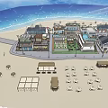 Coastal Architectural Area With Lighthouse Modern White Buildings And Outdoor Sun Umbrellas
