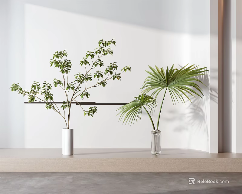 Modern Interior With White Clear Glass Vases Holding Thin Branch And Palm Leaves On Shelf 3d model 