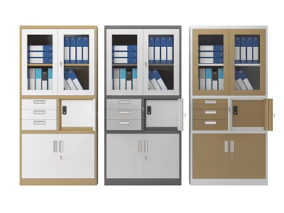 Multiple Different Color Bookcases With Glass Doors Blue White Folders Drawers And Cabinets 3d model