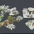 Snow Covered Stone Wood Pieces with Green Plants and Natural Details