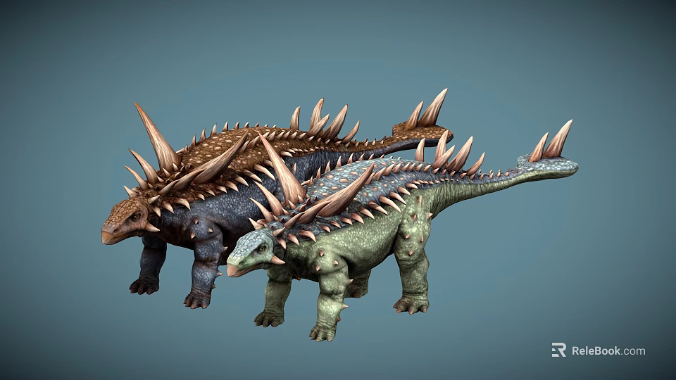 Three Realistic 3D Armored Dinosaurs With Spiked Bodies And Colorful Scales 3d model 