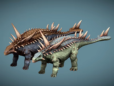 Three Realistic 3D Armored Dinosaurs With Spiked Bodies And Colorful Scales 3d model