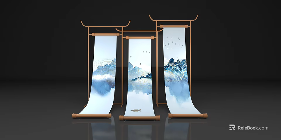 Three Scroll Art Installation With Chinese Landscape Paintings Bird Motifs And Wooden Frames 3d model 