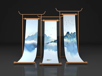Three Scroll Art Installation With Chinese Landscape Paintings Bird Motifs And Wooden Frames 3d model