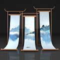 Three Scroll Art Installation With Chinese Landscape Paintings Bird Motifs And Wooden Frames