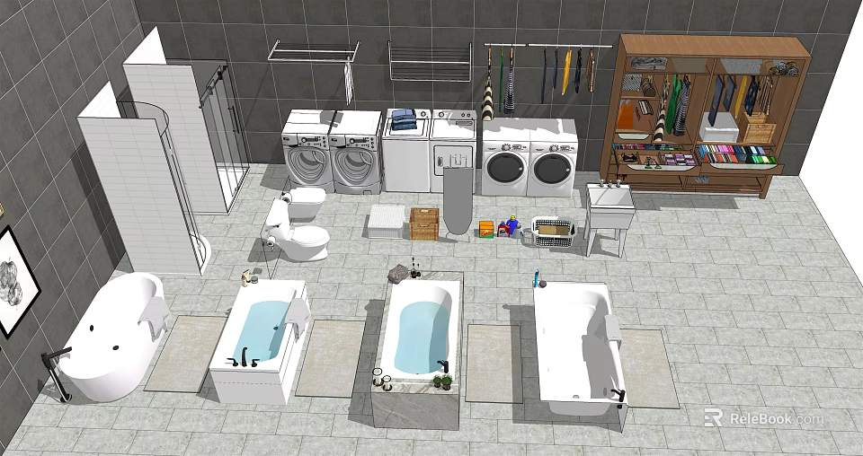 Modern Bathroom Combination with Multiple Bathtubs Toilet Washing Machines and Vanity Sinks 3d model 