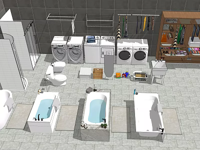 Modern Bathroom Combination with Multiple Bathtubs Toilet Washing Machines and Vanity Sinks 3d model