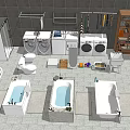 Modern Bathroom Combination with Multiple Bathtubs Toilet Washing Machines and Vanity Sinks