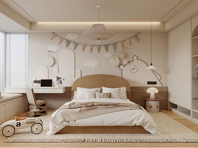 Cozy Kids Bedroom With Cloud Decor Bunting Flags Desk And Tricycle Toy 3d model