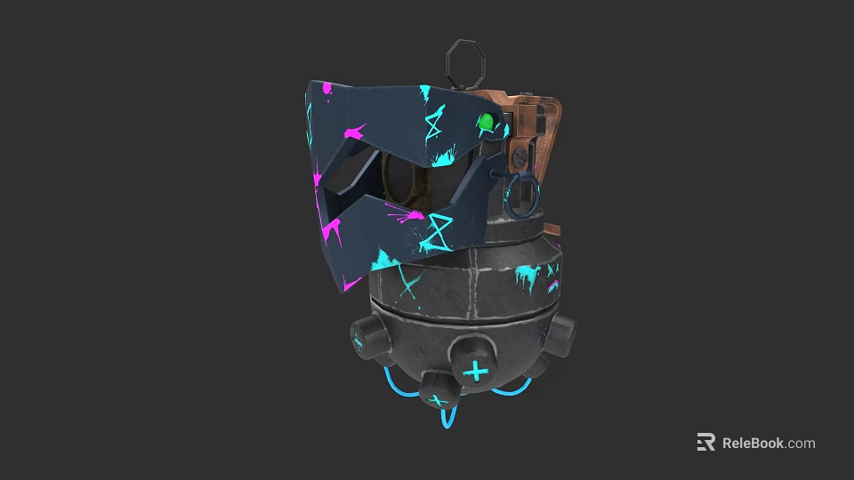 3D Model of Black Weapon With Blue Pink Patterns Wooden Top And Glowing Blue Base 3d model 