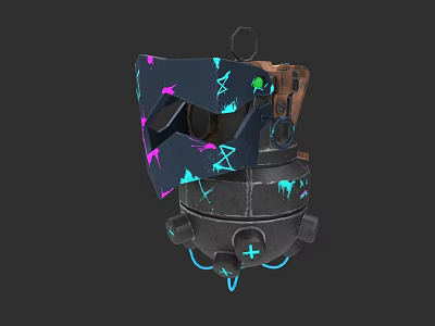 3D Model of Black Weapon With Blue Pink Patterns Wooden Top And Glowing Blue Base 3d model