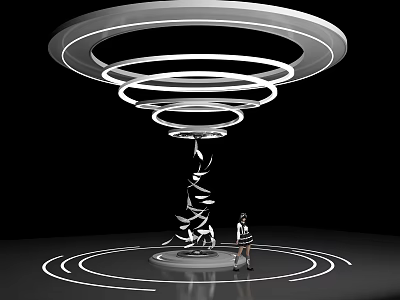 Modern Art Installation With Circular Rings Spiral Structure And Person Standing On Circular Ground Lines 3d model