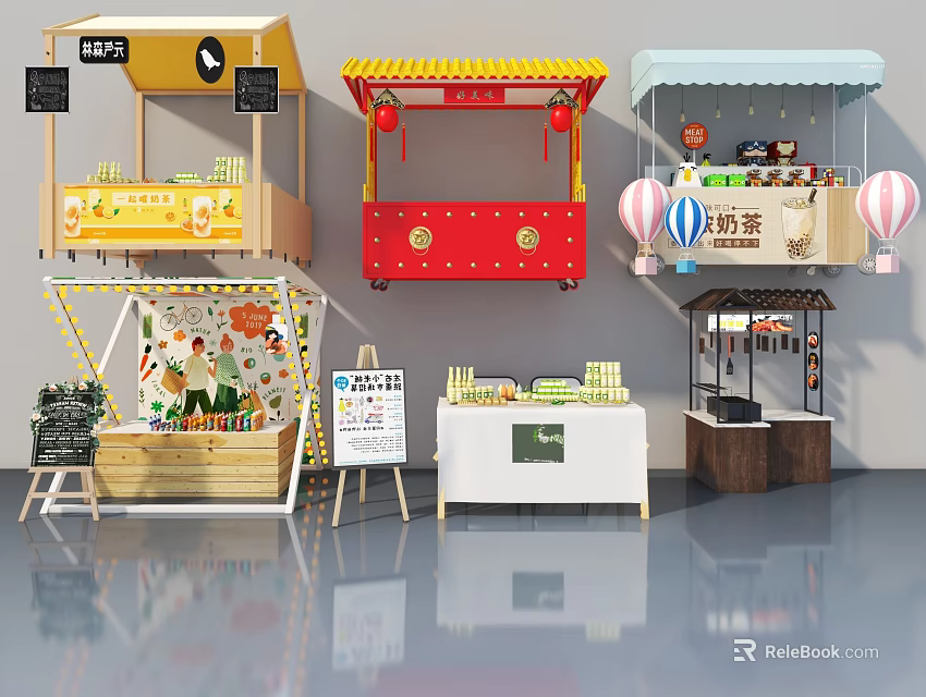 Various Style Retail Stalls Featuring Functional Swing Doors For Tea And Goods 3d model