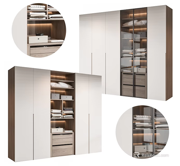 Modern White Wooden Wardrobe Interior With Mirror Doors Drawers And Storage Shelves 3d model 