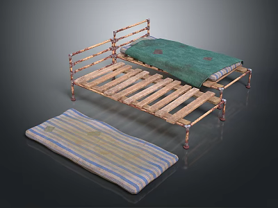 Rustic Wooden Slats Metal Bed Frame With Green Mattress And Striped Cushion 3d model