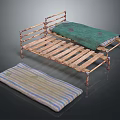Rustic Wooden Slats Metal Bed Frame With Green Mattress And Striped Cushion
