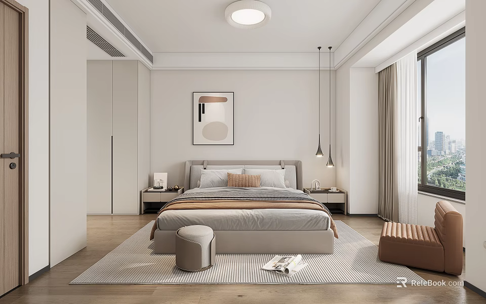 Modern Bedroom Interior With Bed Headboard Pillows Nightstands Rug And Window Curtains 3d model 