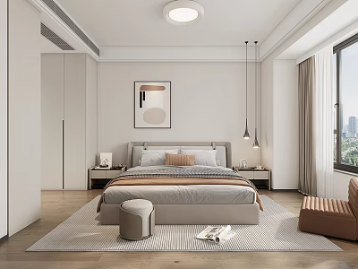 Modern Bedroom Interior With Bed Headboard Pillows Nightstands Rug And Window Curtains 3d model