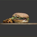 Juicy Burger With Fresh Lettuce And Crispy Fries On Wooden Cutting Board