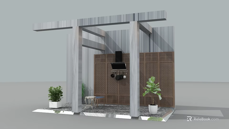 Modern Architectural Structure With Wooden Panels Gray Pillars And Potted Plants 3d model 