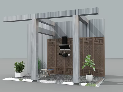 Modern Architectural Structure With Wooden Panels Gray Pillars And Potted Plants 3d model