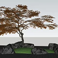Arbor With Red Leaves Surrounded By Rocks Green Grass And Brick Pavement