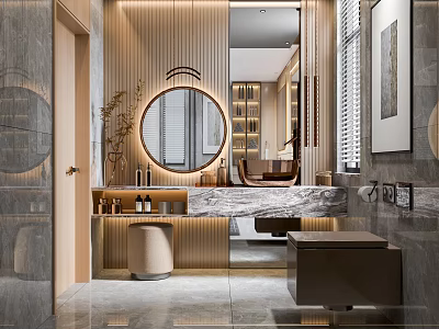 Elegant Modern Bathroom Interior With Round Mirror Marble Vanity And Wooden Accents 3d model