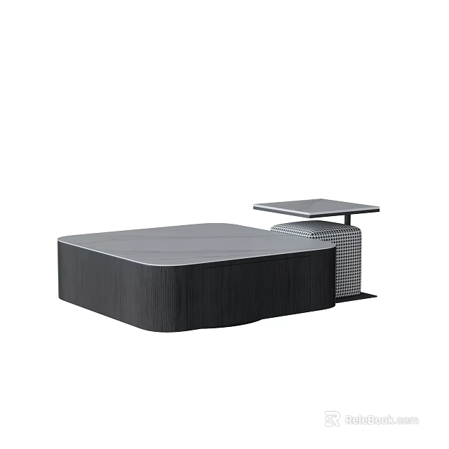 Modern Coffee Table In Dark Wood Finish With Side Table And Grid Pattern Base 3d model