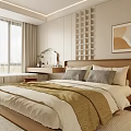 Warm Modern Bedroom Interior With Wooden Bed Nightstand Lamp Rug And Mirror